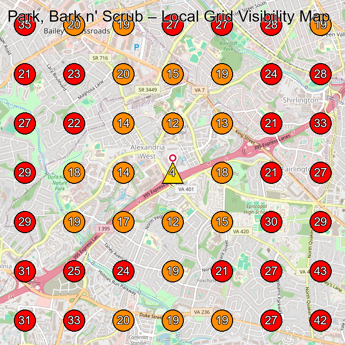 Park, Bark n' Scrub GeoGrid visibility map for Appliance Repair Service in Falls Church